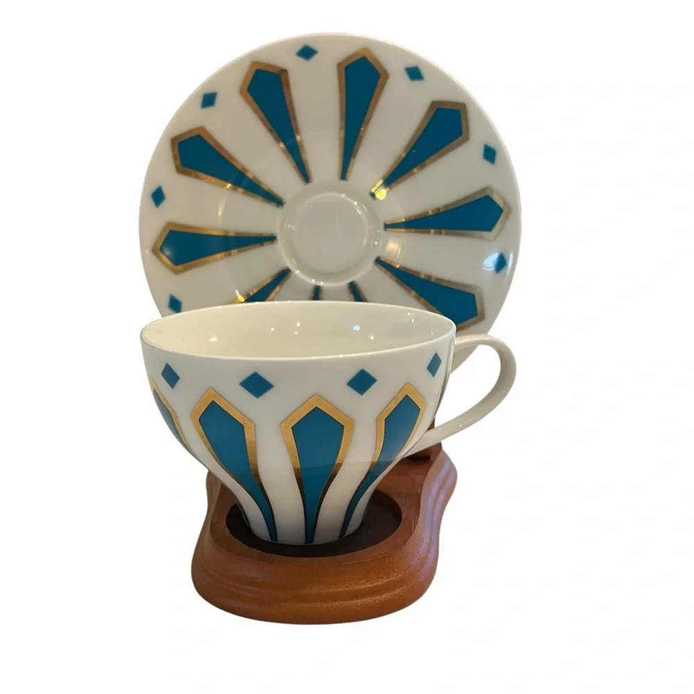 Meritage China Striped Aqua Blue and Gold Teacup and Saucer Set Tea Cup